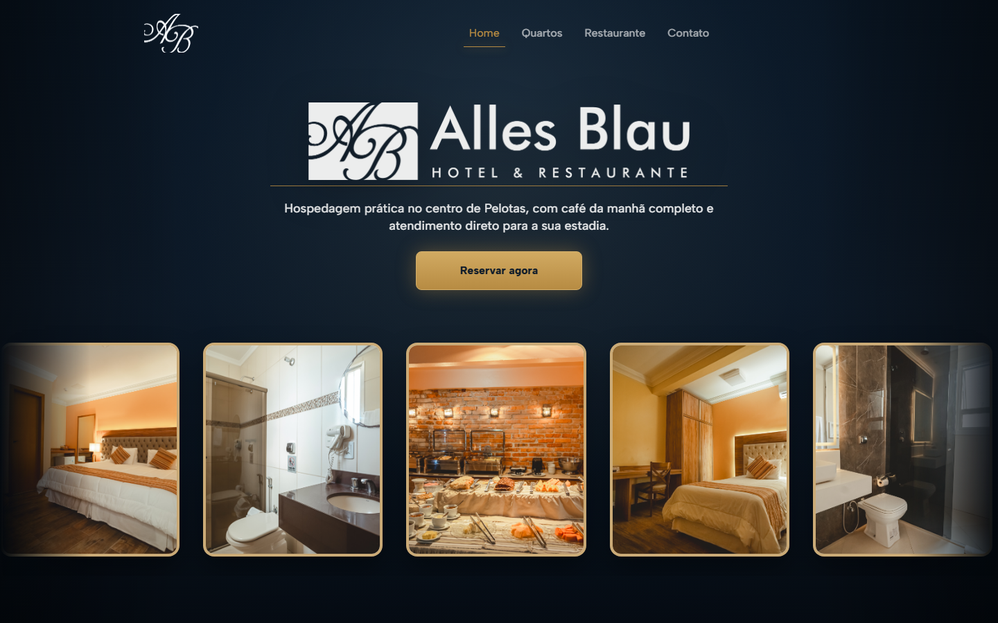 Página inicial do site do Hotel Alles Blau, com marca, chamada para reserva e galeria